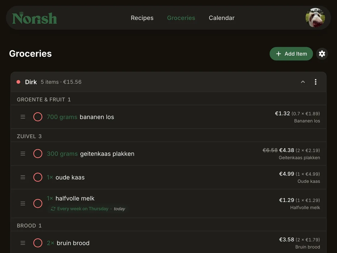 A Norish grocery list under one shop, sorted by aisle and priced from the shop's own pages, with a weekly item due today