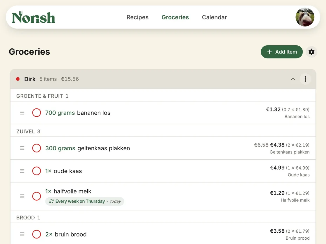 A Norish grocery list under one shop, sorted by aisle and priced from the shop's own pages, with a weekly item due today
